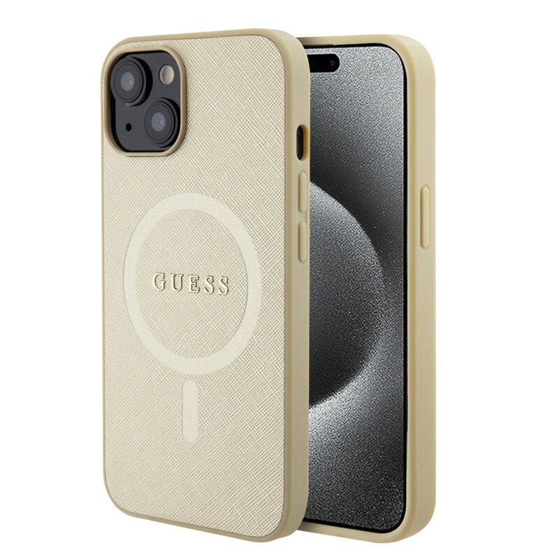 Husa Guess Saffiano MagSafe iPhone 15, auriu