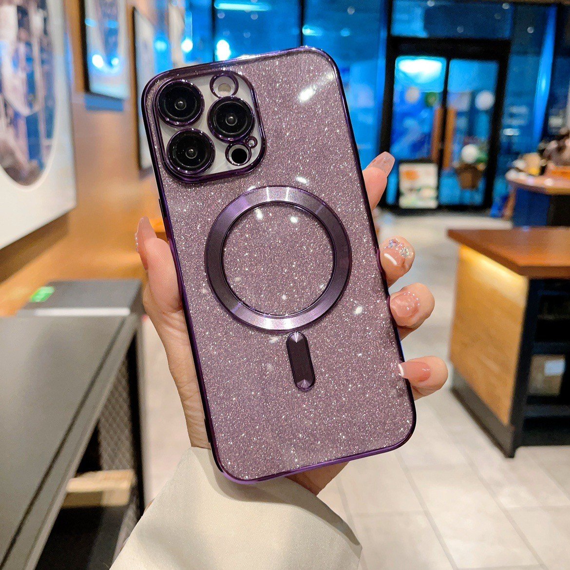 Husa De Protectie 2 in 1 Pentru iPhone 14 Pro Max Glitter Chrome Magsafe Din TPU Magnetica Cu Protectie Lentila Mov