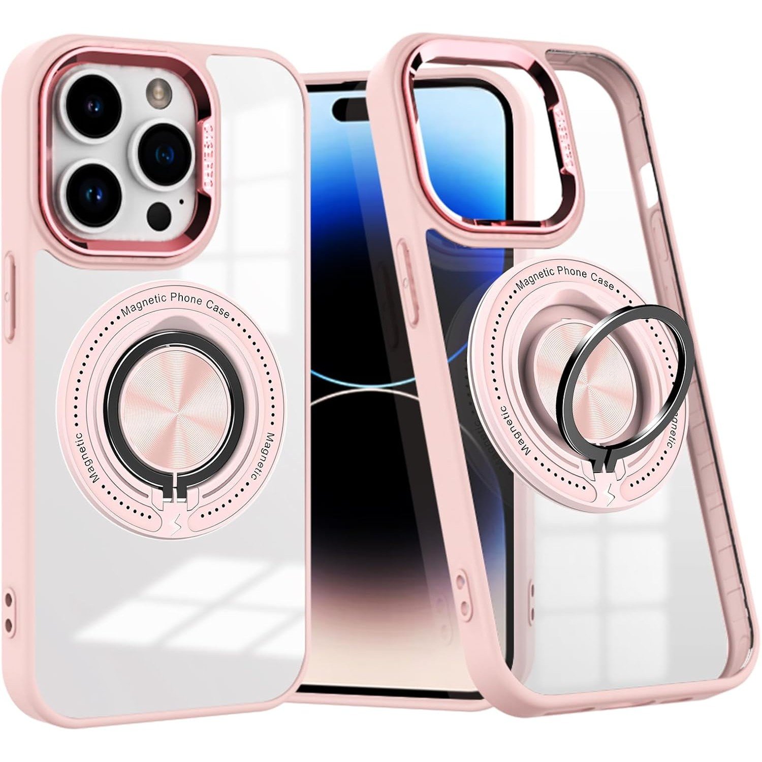 Husa De Protectie TPU Pentru iPhone 16 Pro Max Anticadere Cu Incarcare Wireless Tehnologie Magsafe Inel Magnetic Rotativ Cu Functie De Suport Transparent-Roz