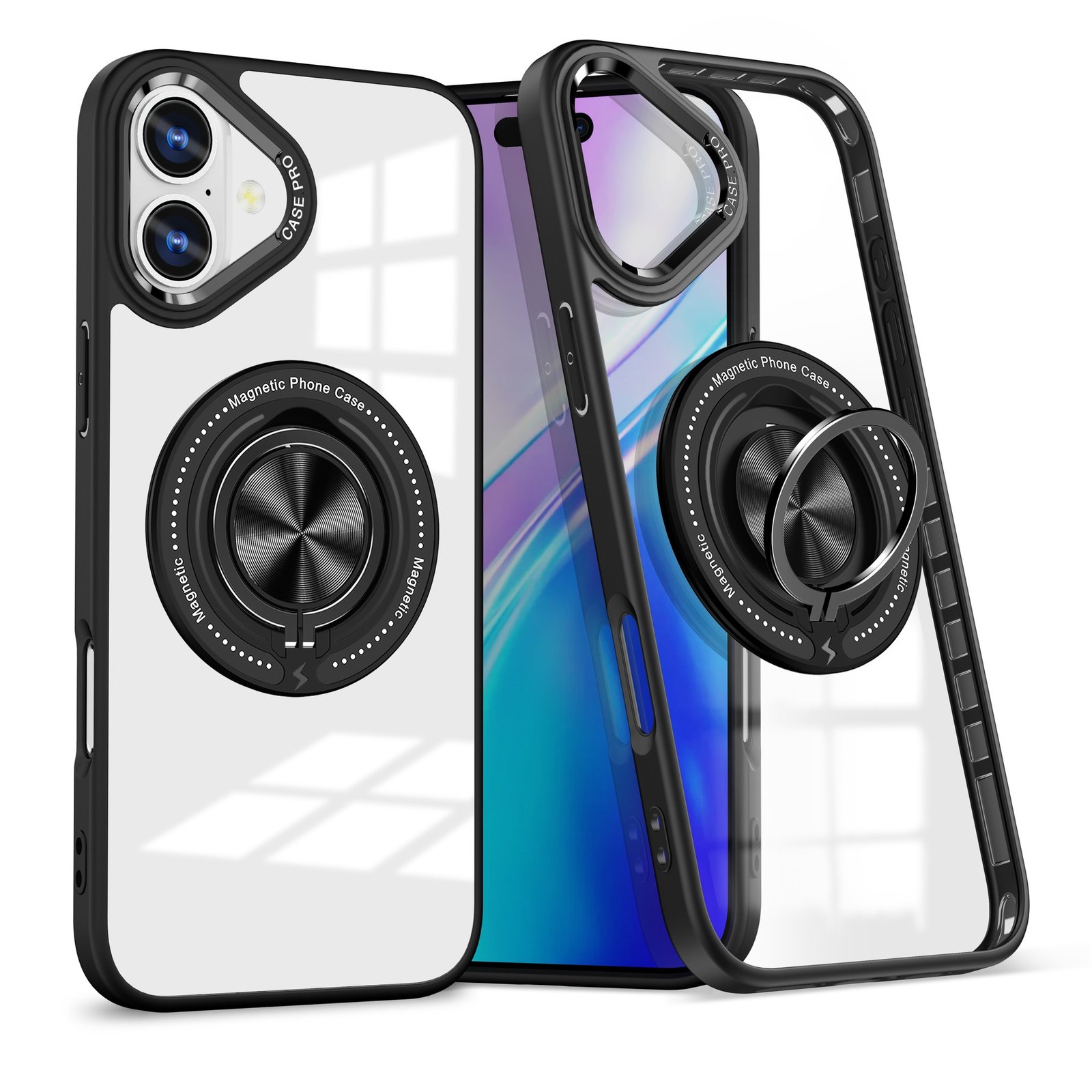Husa De Protectie TPU Pentru iPhone 16 Pro Max Anticadere Cu Incarcare Wireless Tehnologie Magsafe Inel Magnetic Rotativ Cu Functie De Suport Transparent-Negru